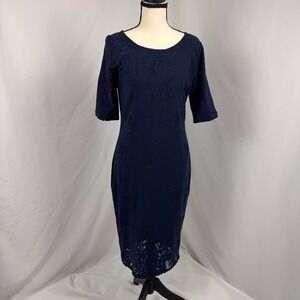 Fuzzi Mesh Dress Women XL Navy Blue Lace Pattern Elbow Sleeve Midi Made in Italy